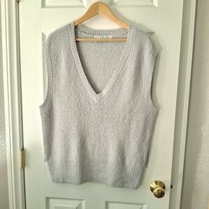 Free People Beach Penny V Neck Sweater Vest Sz L Lt Gray Oversized Boho Hippie